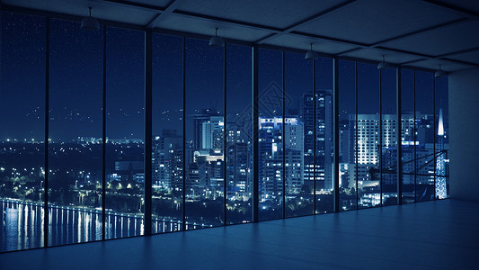 夜间办公室内部办公室内部背景与夜间城市景观图片