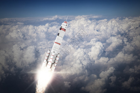 象飞行火箭太空飞船用蓝天上高高飞背景