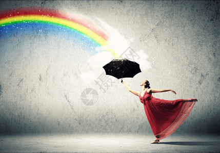 带彩虹素材芭蕾舞穿着飞丝连衣裙带伞芭蕾舞穿着飞缎连衣裙,带着雨伞彩虹背景