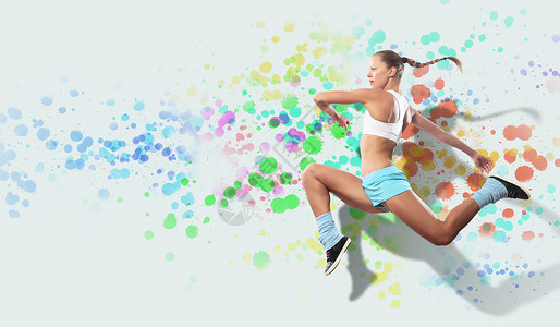 运动女跳跃的形象运动女孩彩色点背景下跳跃的形象图片