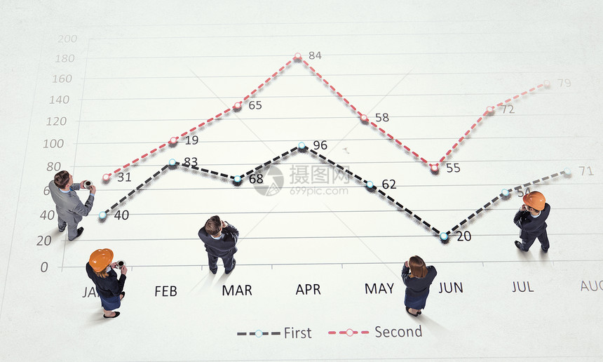商业增长的动态商业人员的顶部视图,以及地板上的图表图表图片