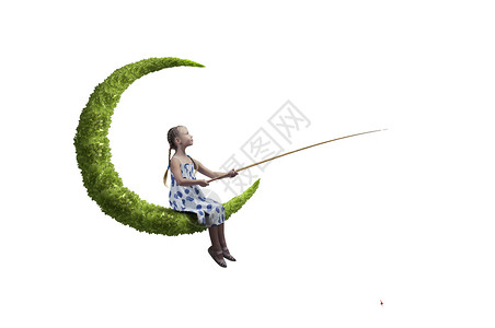 孩子月球上小女孩坐月亮上钓鱼背景