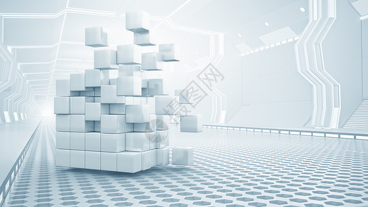 几何金属块虚拟房间里的立方体未来主义房间中的抽象立方体创新的虚拟室内背景