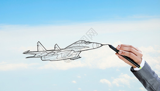 超音速战斗机师画飞机人天空背景上画飞机模型背景