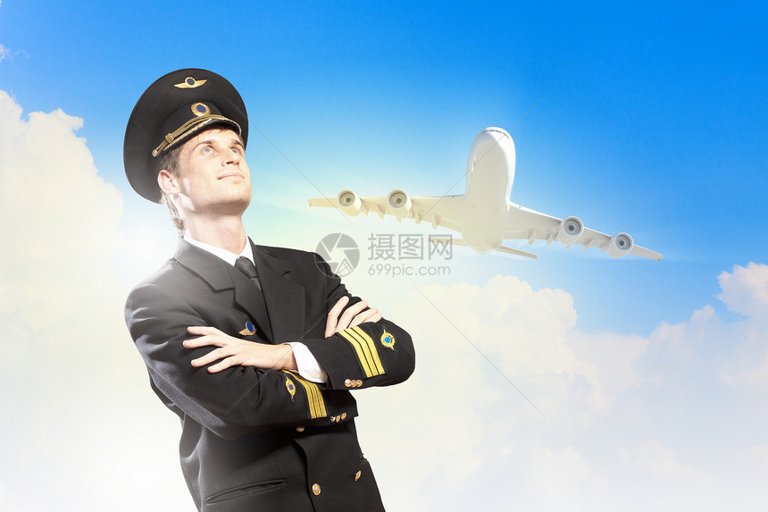 男飞行员的形象男飞行员的图像与飞机背景图片