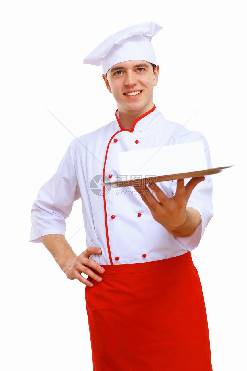 穿着制服的男厨师着个空托盘图片
