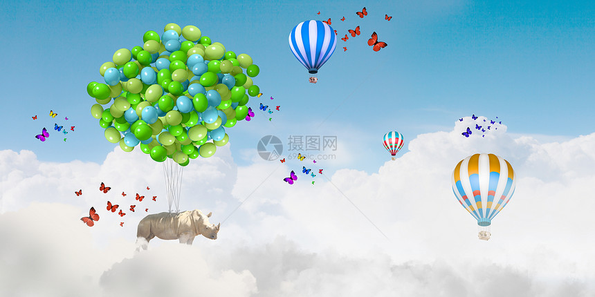 会飞的犀牛犀牛堆五颜六色的气球上高高地飞翔图片
