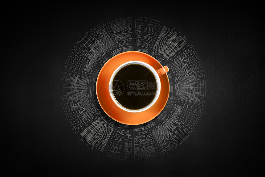 黑色背景上的咖啡杯的顶部视图咖啡时间图片