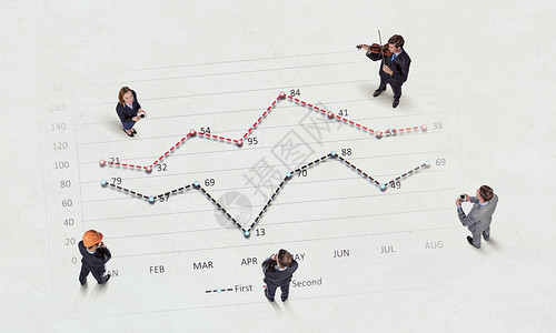 商业增长的动态商业人员的顶部视图,以及地板上的图表图表背景图片