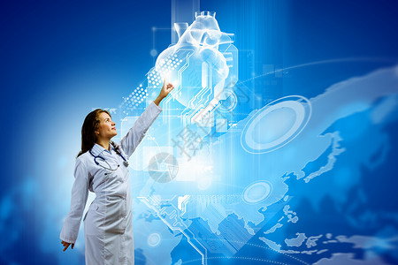 女心脏病专家轻女心脏病学家的形象,听诊器触摸媒体屏幕的图标图片