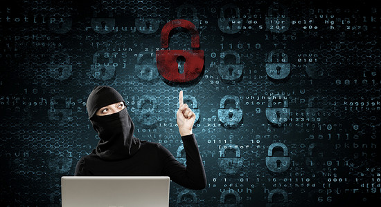 偷东西的互联网安全穿深色衣服的黑客女人数字背景下用笔记本电脑设计图片