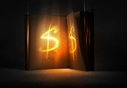财务成功的秘诀旧的打开了带美元符号的魔法书图片