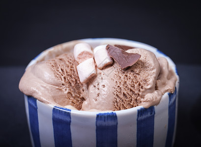自制香草巧克力冰淇淋与棉花糖,陶瓷碗黑暗的背景图片