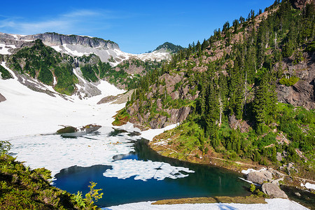 层叠的山群山中的宁静湖背景