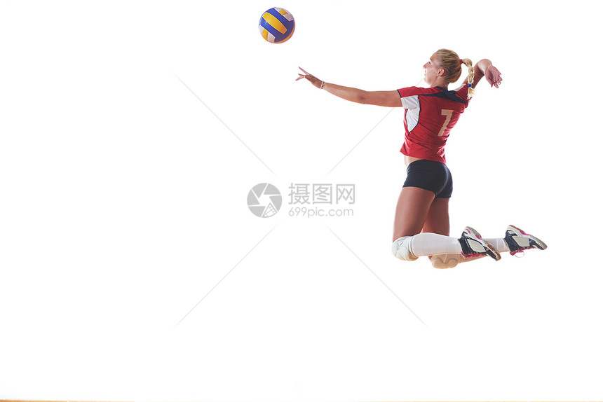 排球女子跳跃踢球隔离白色背景上排球女子隔离白色背景上图片