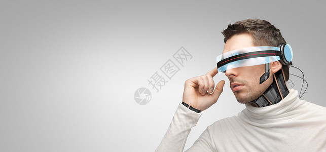 人,技术,未来进步人与未来的3D眼镜微芯片植入传感器灰色背景图片