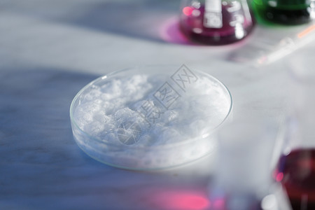 科学化学人的实验室桌子上培养皿中发泡化学的特写图片