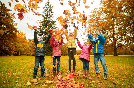 打着树叶女孩童休闲友谊人的群快乐的孩子玩秋天的枫叶,公园里玩得很开心背景