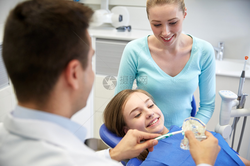 人,医学,口腔科保健快乐的男牙医牙刷下巴布局,如何刷牙给病人女孩她的母亲牙科诊所办公室图片
