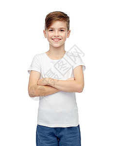 空白的童童,时尚,广告人的快乐的男孩穿着白色T恤牛仔裤背景