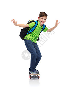 童,休闲,学校人的快乐的微笑学生男孩背包骑滑板上图片