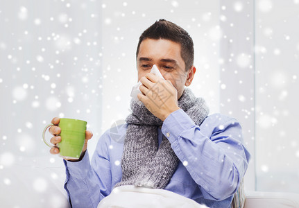 医疗保健,流感,人,鼻炎医学病人用纸巾鼻子,家喝茶,雪的效果图片
