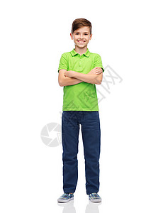 童,时尚人的快乐的微笑男孩绿色马球T恤图片