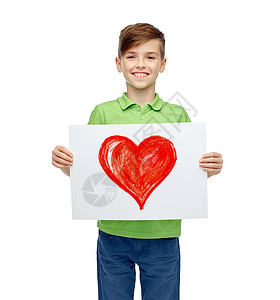 童,创造力,艺术人的快乐的微笑男孩着红色的心的图画图画图片