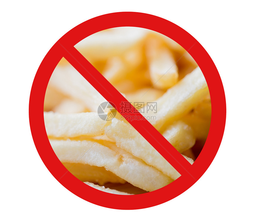 快餐,低碳水化合物饮食,肥胖健康的饮食薯条背后没符号圆圈反斜杠禁止标志图片