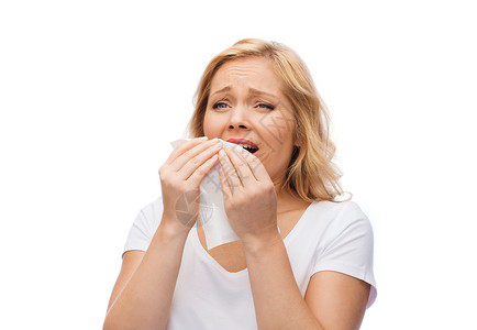 人,保健,鼻炎,感冒过敏的快乐的女人用纸巾打喷嚏图片