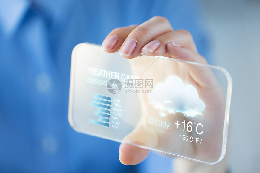技术,预测人的密切女手握天气投射透明智能手机图片