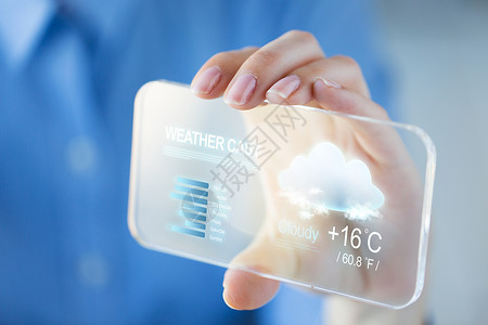 技术,预测人的密切女手握天气投射透明智能手机图片