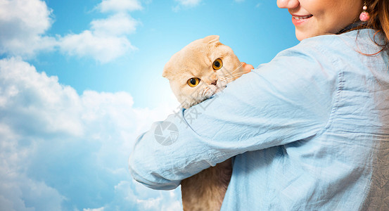 宠物,动物,护理人的亲密的快乐女人抱着苏格兰折叠小猫蓝天云彩的背景图片