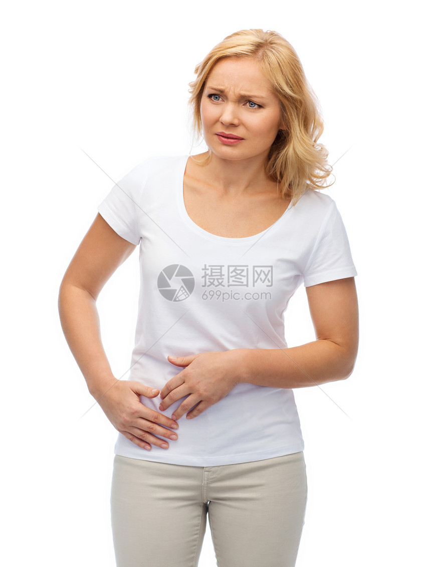 人,医疗保健问题快乐的女人患胃痛图片