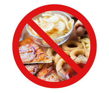 快餐,低碳水化合物饮食,肥胖健康的饮食比萨饼,薯片其他零食背后没符号圆圈反斜杠禁止标志背景