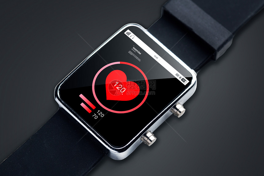 现代技术,象,医疗保健媒体黑色智能手表与脉动计心率图标屏幕上图片