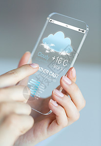 商业,技术,预测人的密切妇女手握透明的智能手机与天气投射屏幕上图片