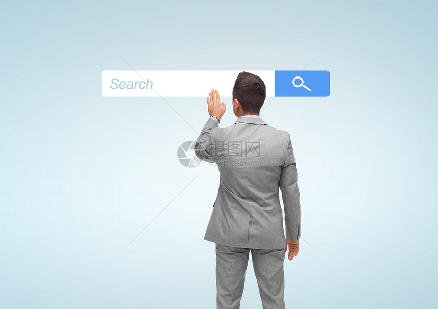 商业,人,互联网技术商人触摸浏览器搜索栏的虚拟投影后图片
