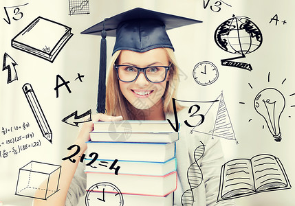 数学角素材教育大学快乐的学生毕业帽与堆叠的书籍涂鸦戴毕业帽的学生背景
