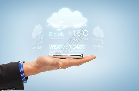 人,技术,天气铸造商业男手与智能手机预测预测图片