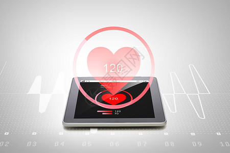 医疗,医学,技术现代小工具平板电脑电脑与心率图标屏幕上的灰色背景图片