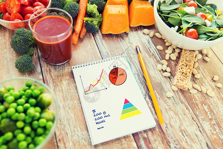 健康饮食,素食,饮食体重控制成熟蔬菜笔记本与图表卡路里木桌上图片