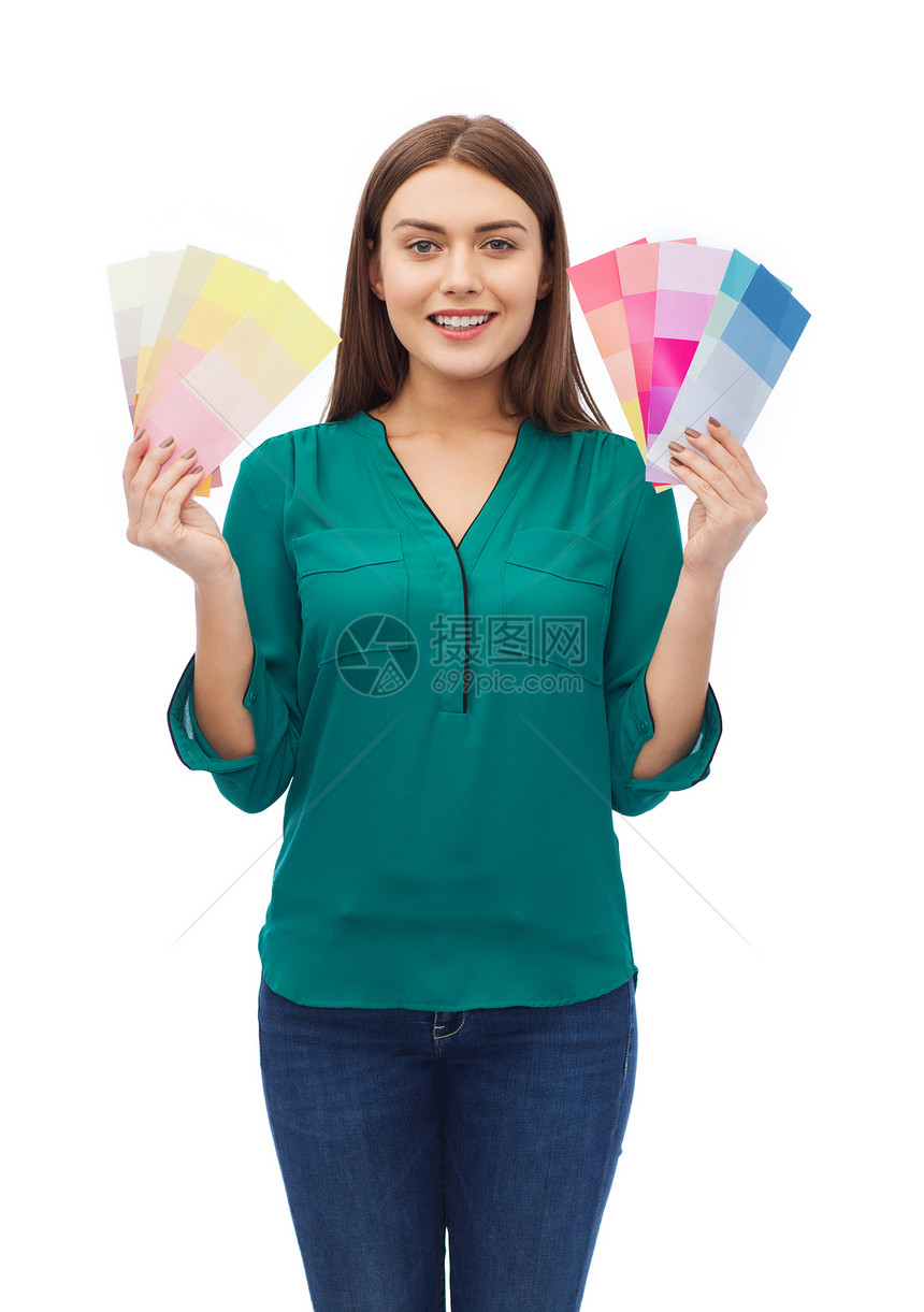 配色方案,装饰,人的微笑的轻女人与色标样品图片