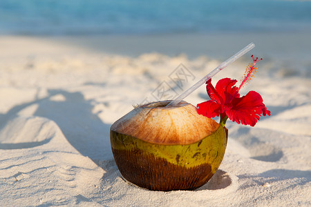 旅游,度假暑假的椰子饮料异国情调的热带马尔代夫海滩图片