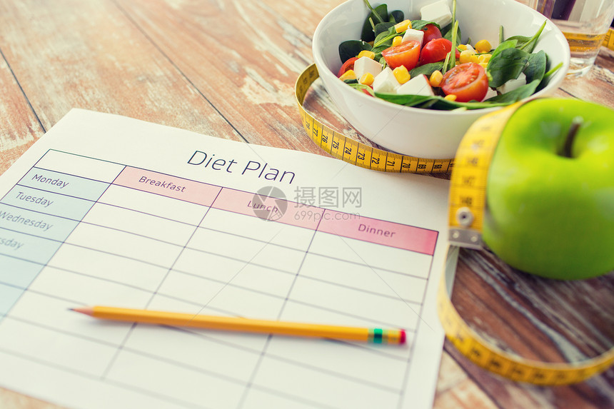 健康饮食,节食,减肥减肥饮食计划纸绿苹果,测量磁带沙拉图片