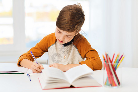 教育,童,人,家庭作业学校学生男孩带着书家里写笔记本图片