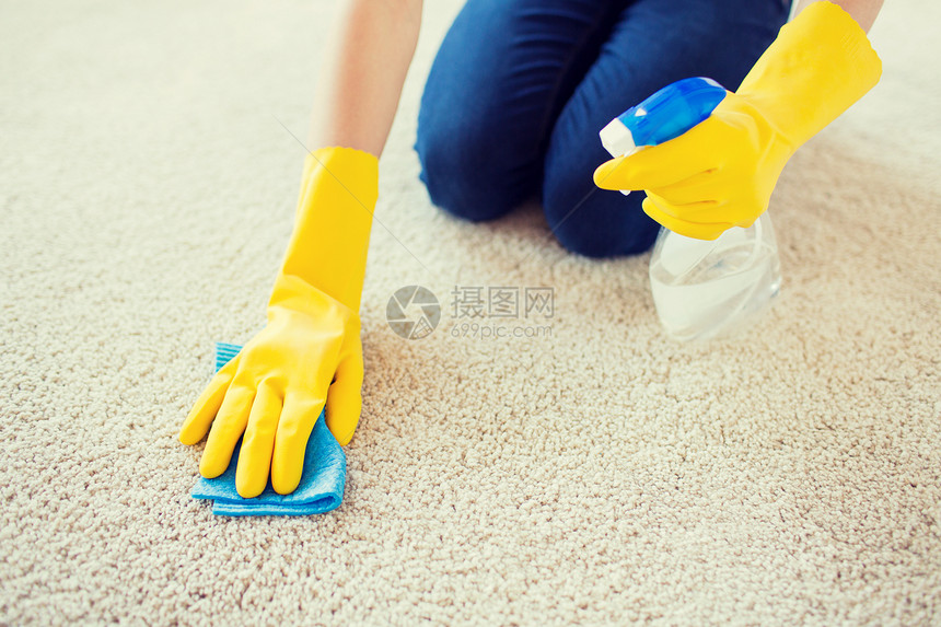 人,家务家务妇女橡胶手套与布洗涤剂喷雾清洁地毯家里图片