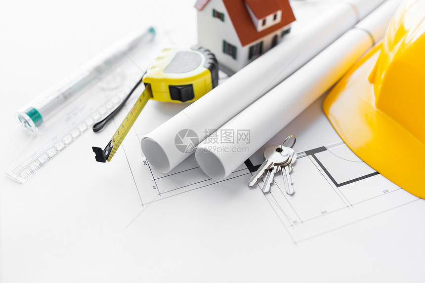 建筑,房地产家庭建筑蓝图与工具房屋钥匙图片