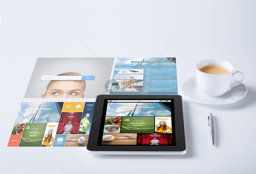 商业,大众媒体技术平板电脑与互联网新闻应用杯咖啡图片