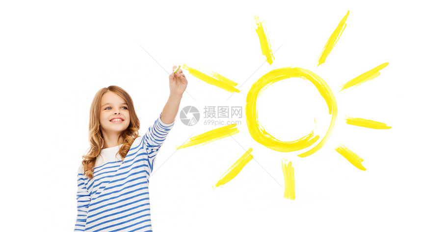 教育,学校快乐的人的可爱的小女孩空中画大太阳图片